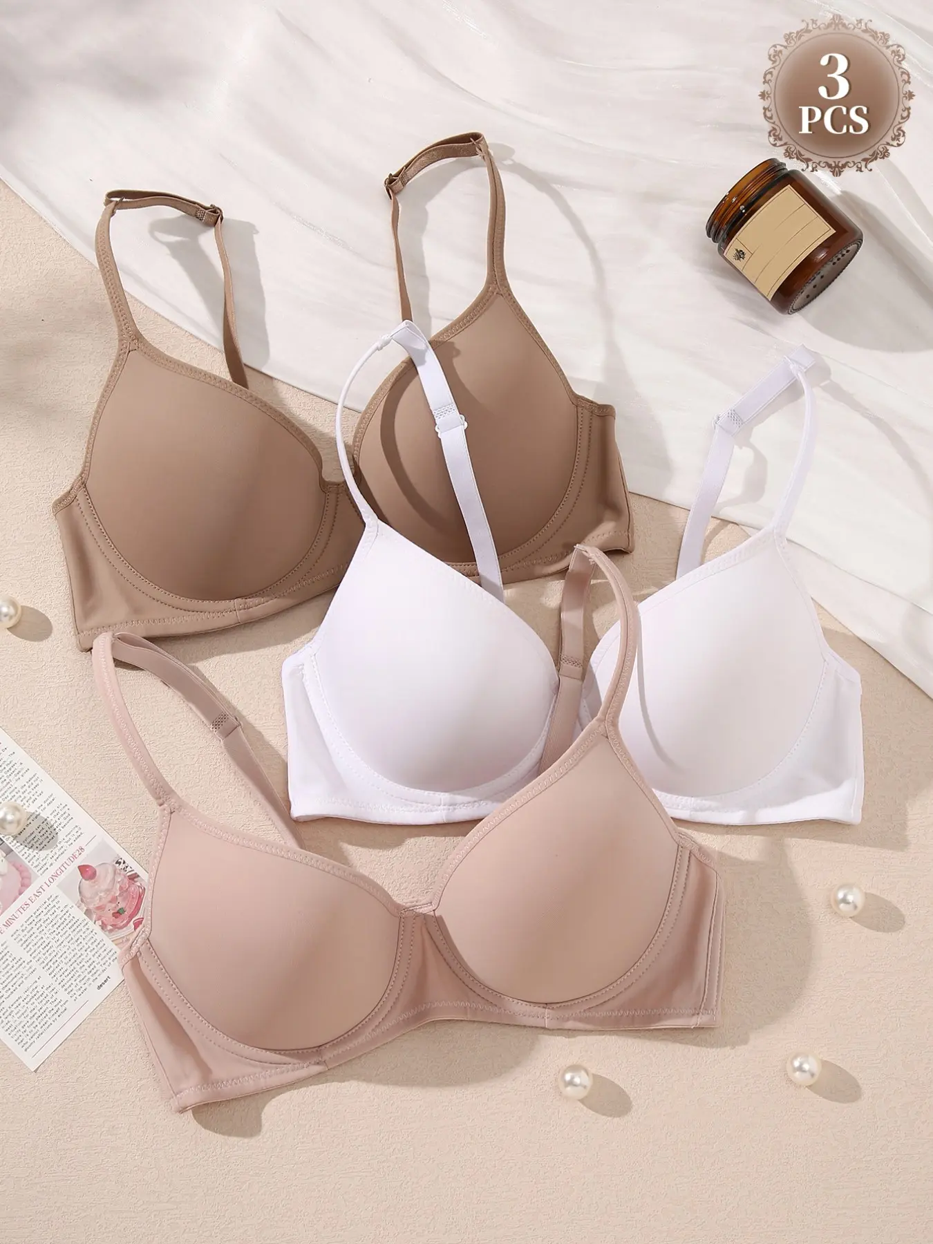 3PCSWomen Solid Smooth Seamless Bra, Underwire V-Neck Lift & Shaping, Adjustable Thin Shoulder Straps, Invisible Ideal For Wearing Under Fitted T-Shirts