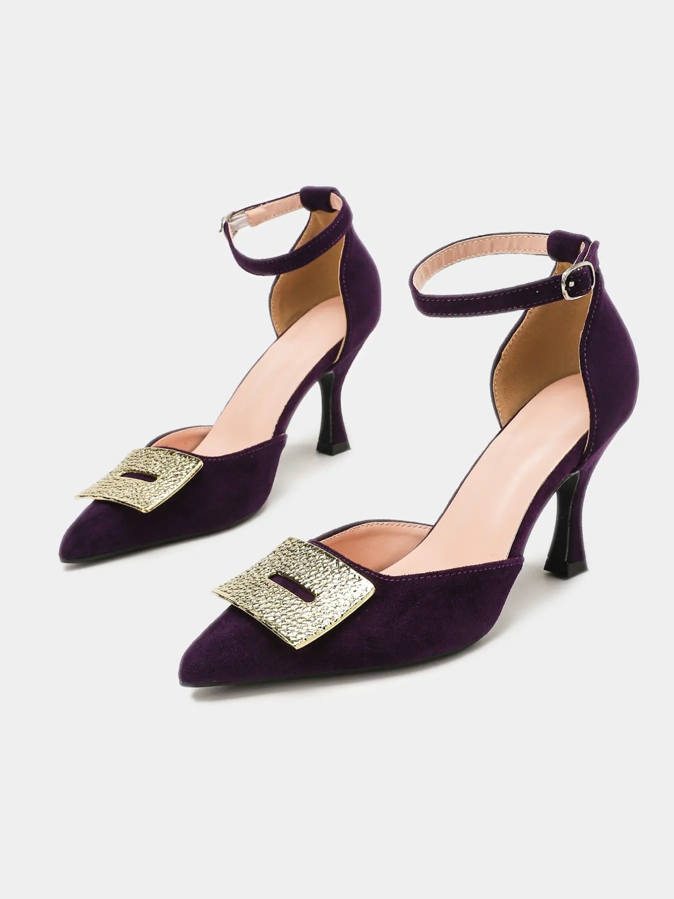 Women's Multi-color Faux Suede Pointed Toe Flared High Heel Pumps, Wine Red/Black/Brown/Purple Available, Adjustable Buckle Ankle Strap with Hammered Metal Square Buckle, Vintage Luxury Formal Shoes for Wedding, Banquet, Office & Party, EU Size 35-42