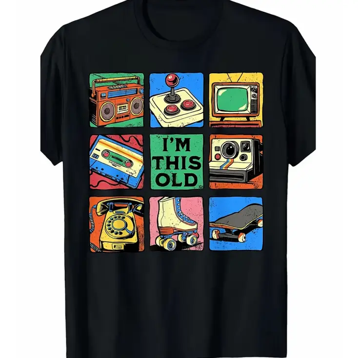 I'm This Old Retro Vintage Gadget Grid Graphic Print Short Sleeve T-Shirt, Unisex Summer Vacation Back To School Nostalgia 80s 90s Casual Tops For Generation X, 100% Pure Cotton Printed Craft Summervibes Tee, Soft Breathable Loose Fit Everyday Outfits