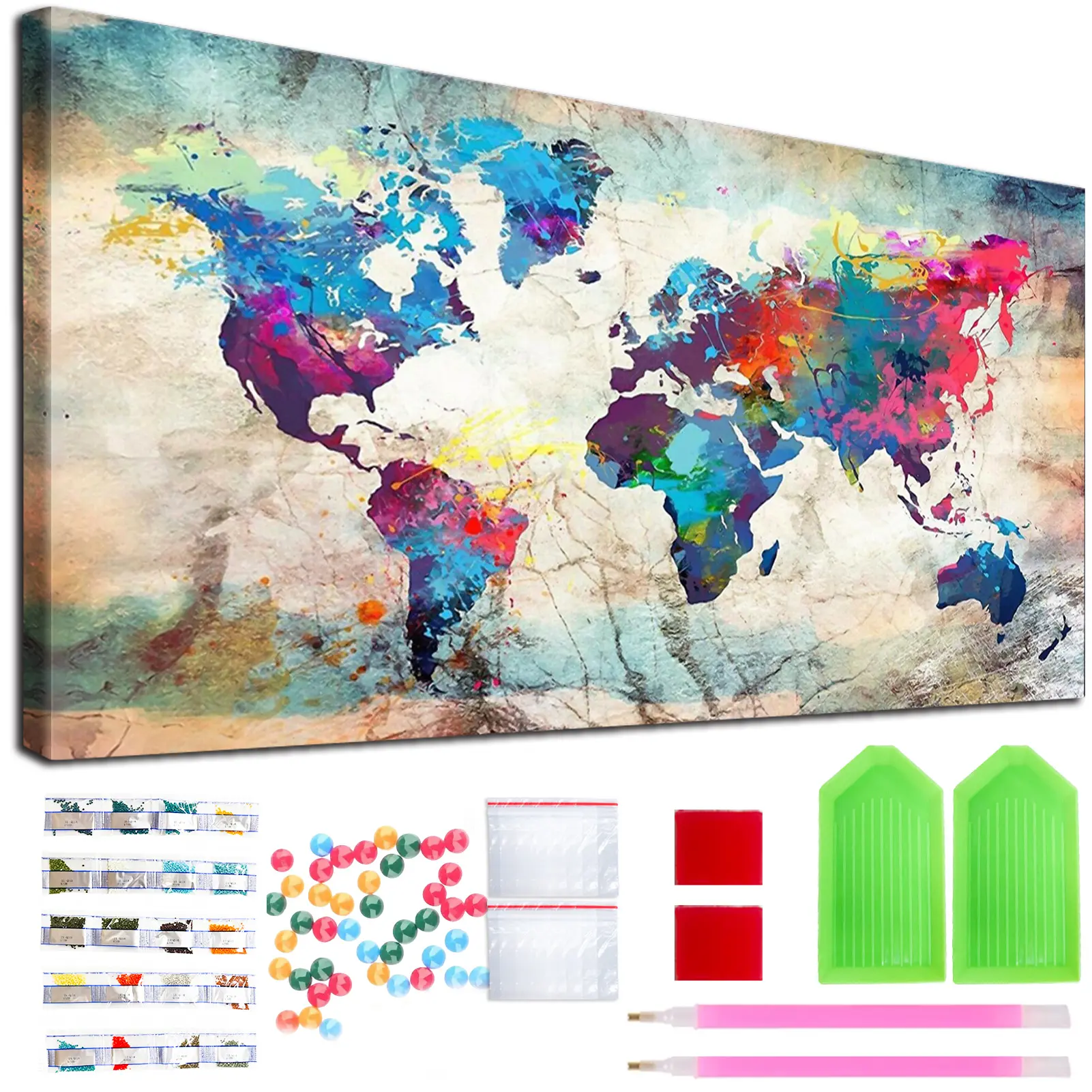 World Map Theme Easy 5D DIY Full Round Diamond Kit for Adult Beginners - 70x40CM Canvas, Handmade Art Wall Decor, Ideal Gift for All Holidays, Frameless