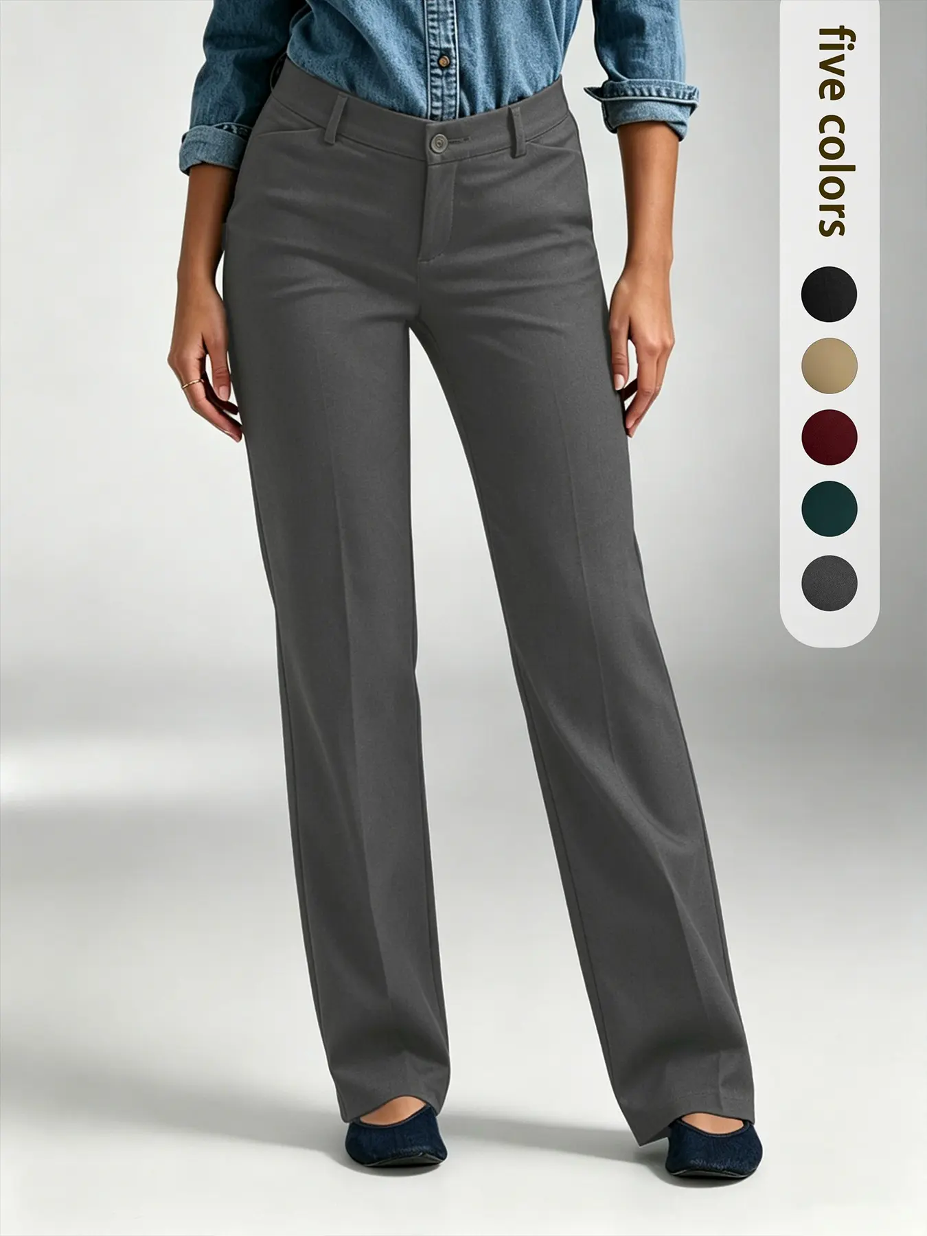 Women's Solid Color Casual High Waist Slim-Fit Straight Leg Pants, Comfortable Office Style, Business Casual Clothing, All-Season Long Trousers