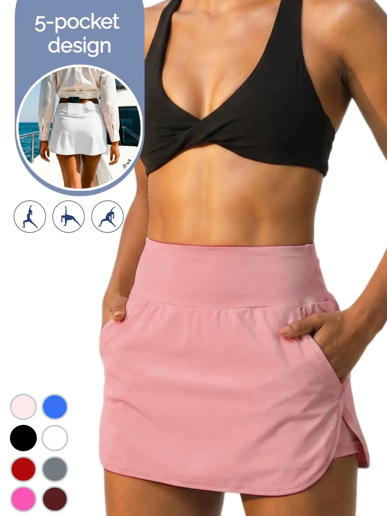 Women's Solid Color Pocket Sports Skort, High Stretch Quick-drying Skort for Golf, Ladies Sportswear for Indoor Outdoor Wear, Stretchy Skorts