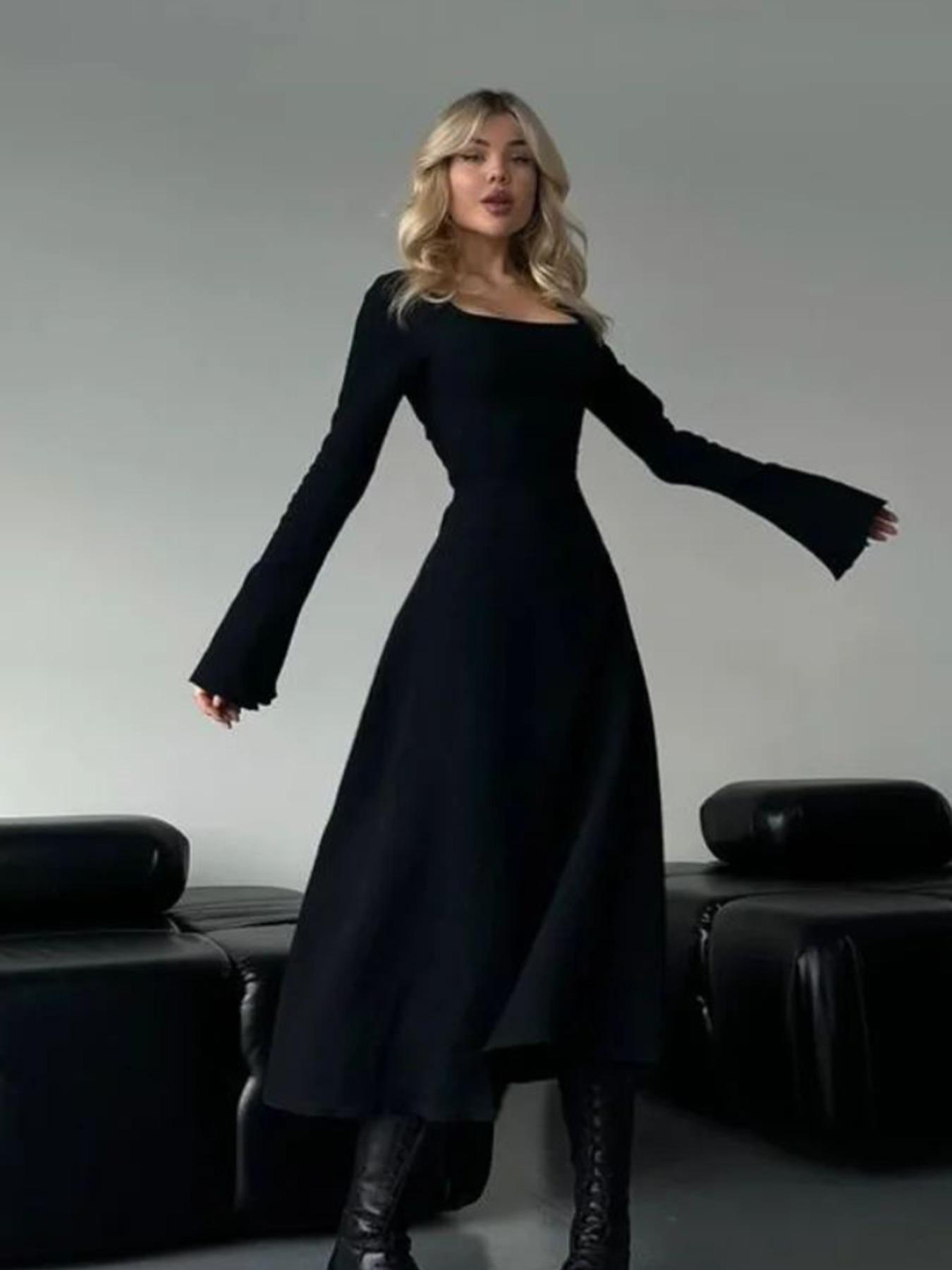 Women's Plain Lace Up Tie Back Flounce Sleeve Dress, 1 Count Elegant Square Neck Long Sleeve Women's Plain Lace Up Tie Back Flounce Sleeve Dress, 1 Count Elegant Square Neck Long Sleeve