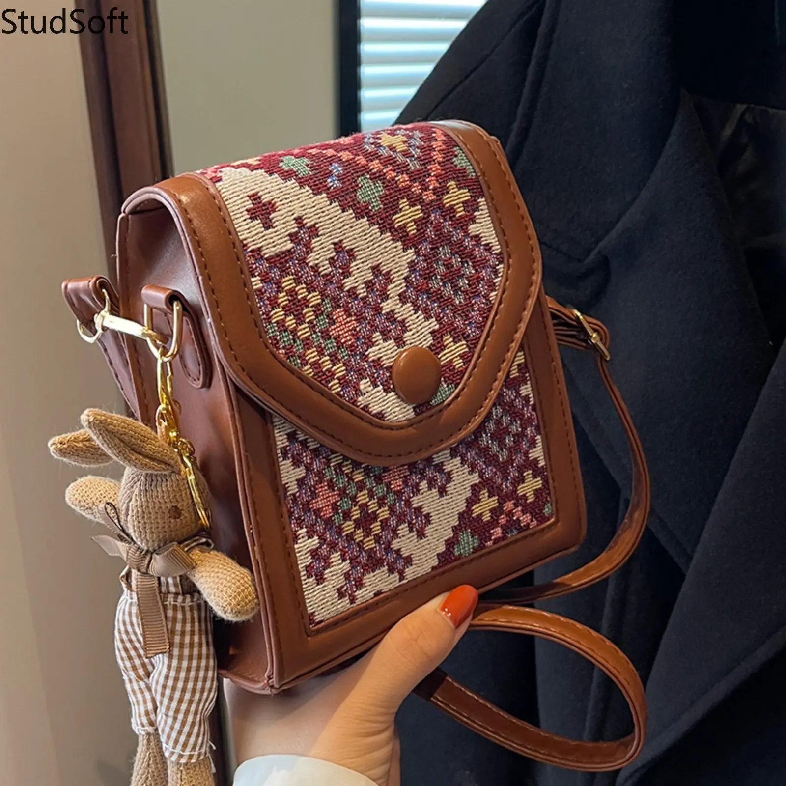 Retro Plain Faux Leather Crossbody Bag for Women, Small Size Shoulder Purse with a Velcro Closure and Knit Bunny Charm, Purses Crossbody Bag