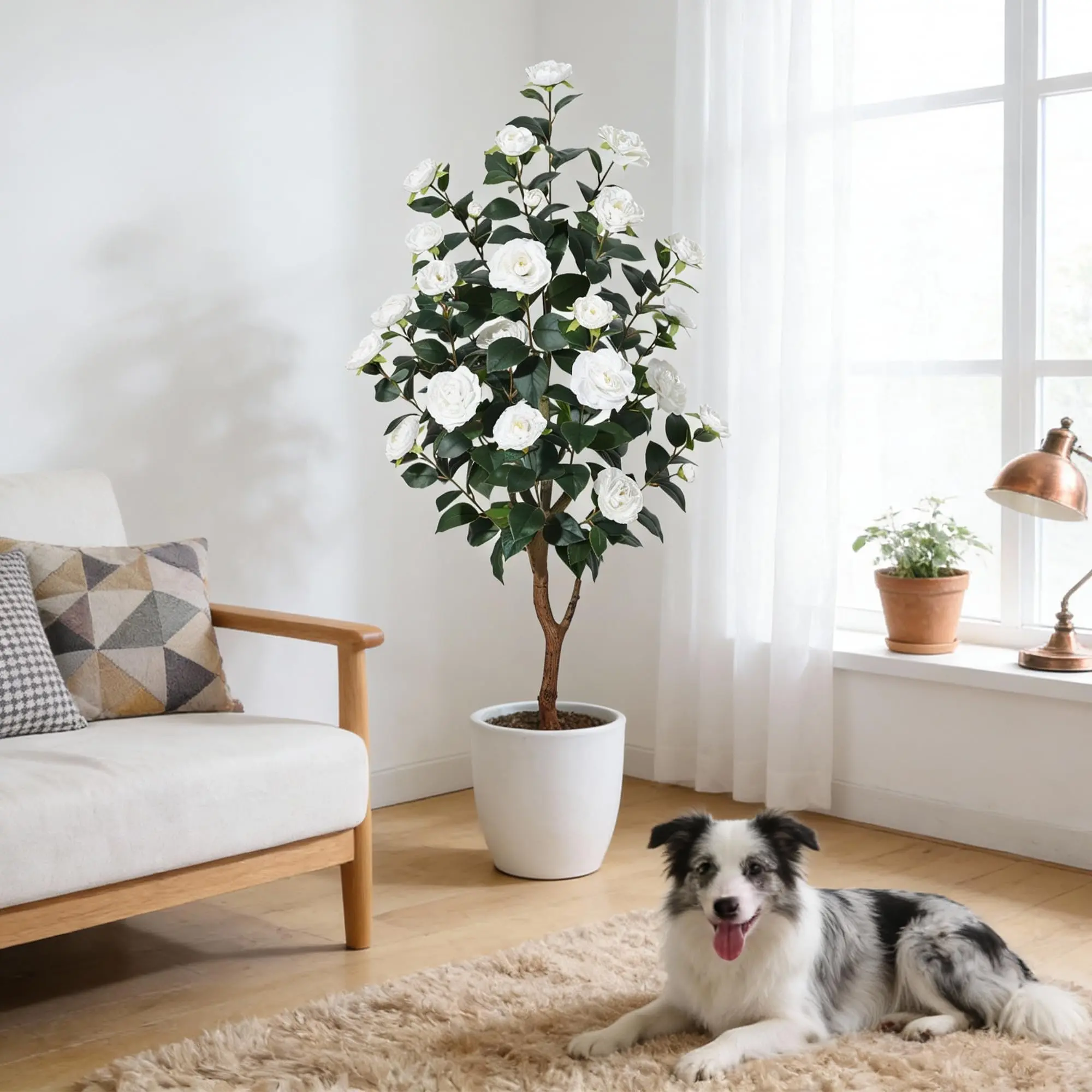 Lifelike Artificial Camellia Tree – Realistic Silk Flowers & Foliage, Maintenance-Free Faux Greenery, Perfect for Indoor Outdoor Home, Office, Living Room, Patio Decor