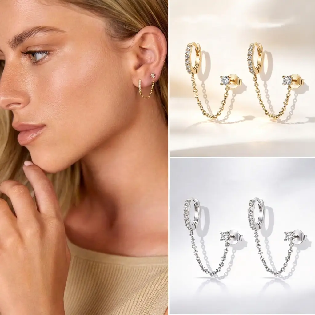 14K Gold Plated Trendy Chain Earrings for Women | Double Piercing Dangle Chain Huggie Hoop Earrings | Shiny Cubic Zirconia Pearl Stud Ear Earrings Jewelry, Holiday Gift