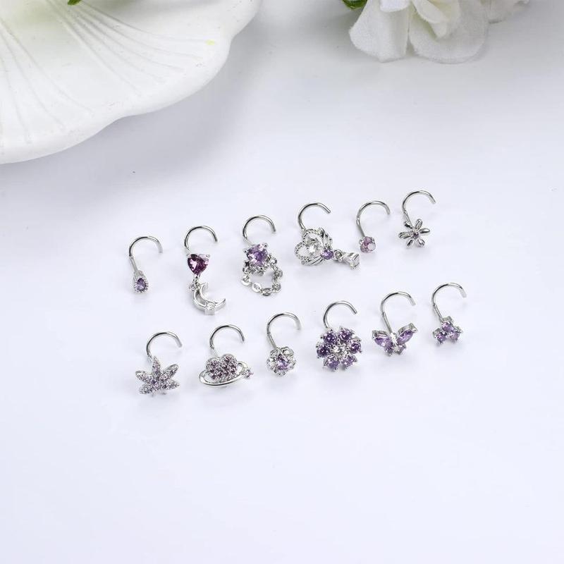 Florideco 12 Pcs L Shaped Nose Rings for Women in Pink, Purple, Blue & Clear with Various Designs and Color Options Nosering
