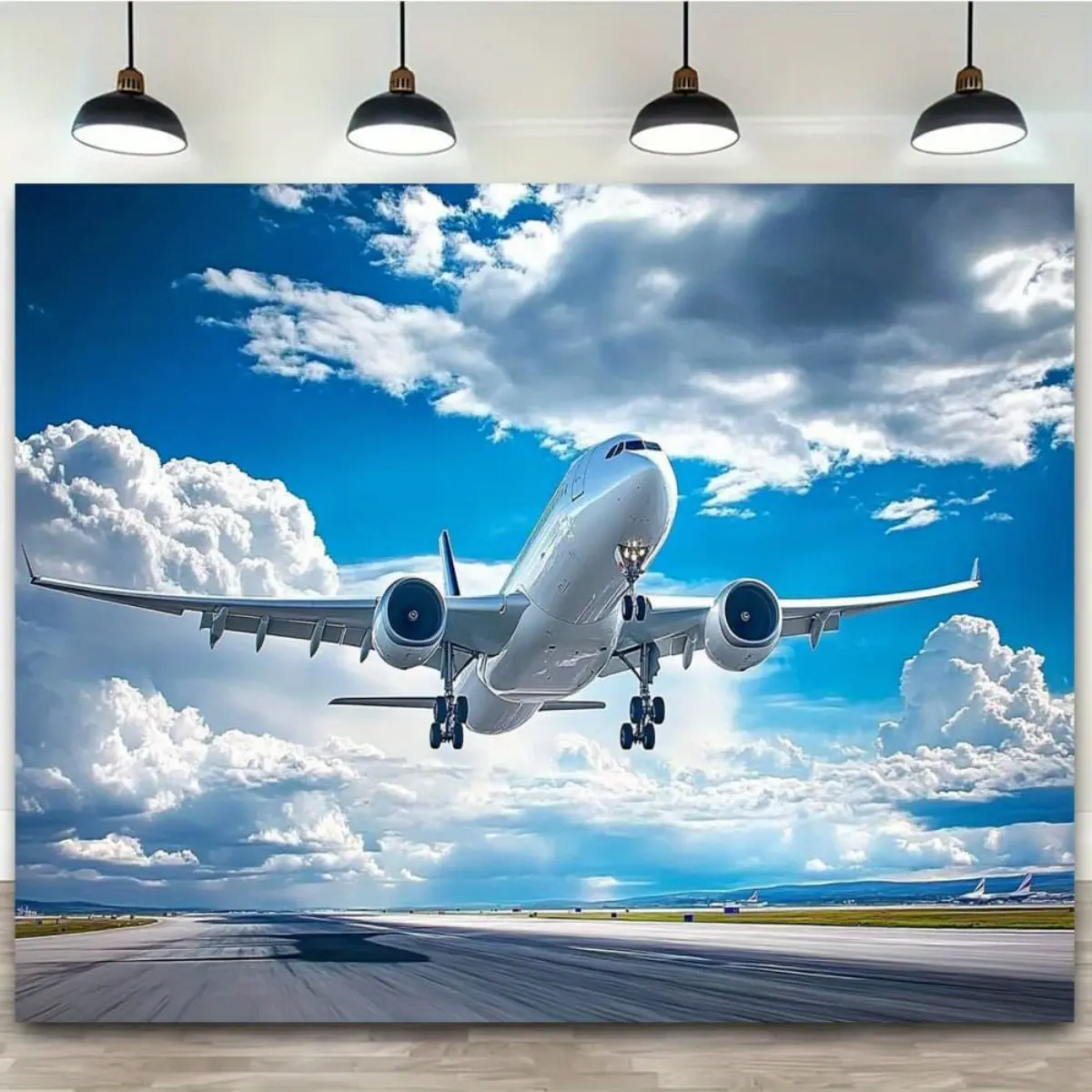 2D flat, 1-piece aviation-themed airplane runway backdrop fabric, featuring realistic airplane patterns--durable tapestry, suitable for airplane party decorations, airport backdrops, event arrangements, no ironing required, 2D flat, Christmas decoration