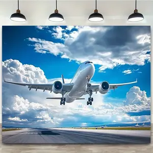 2D flat, 1-piece aviation-themed airplane runway backdrop fabric, featuring realistic airplane patterns--durable tapestry, suitable for airplane party decorations, airport backdrops, event arrangements, no ironing required, 2D flat, Christmas decoration