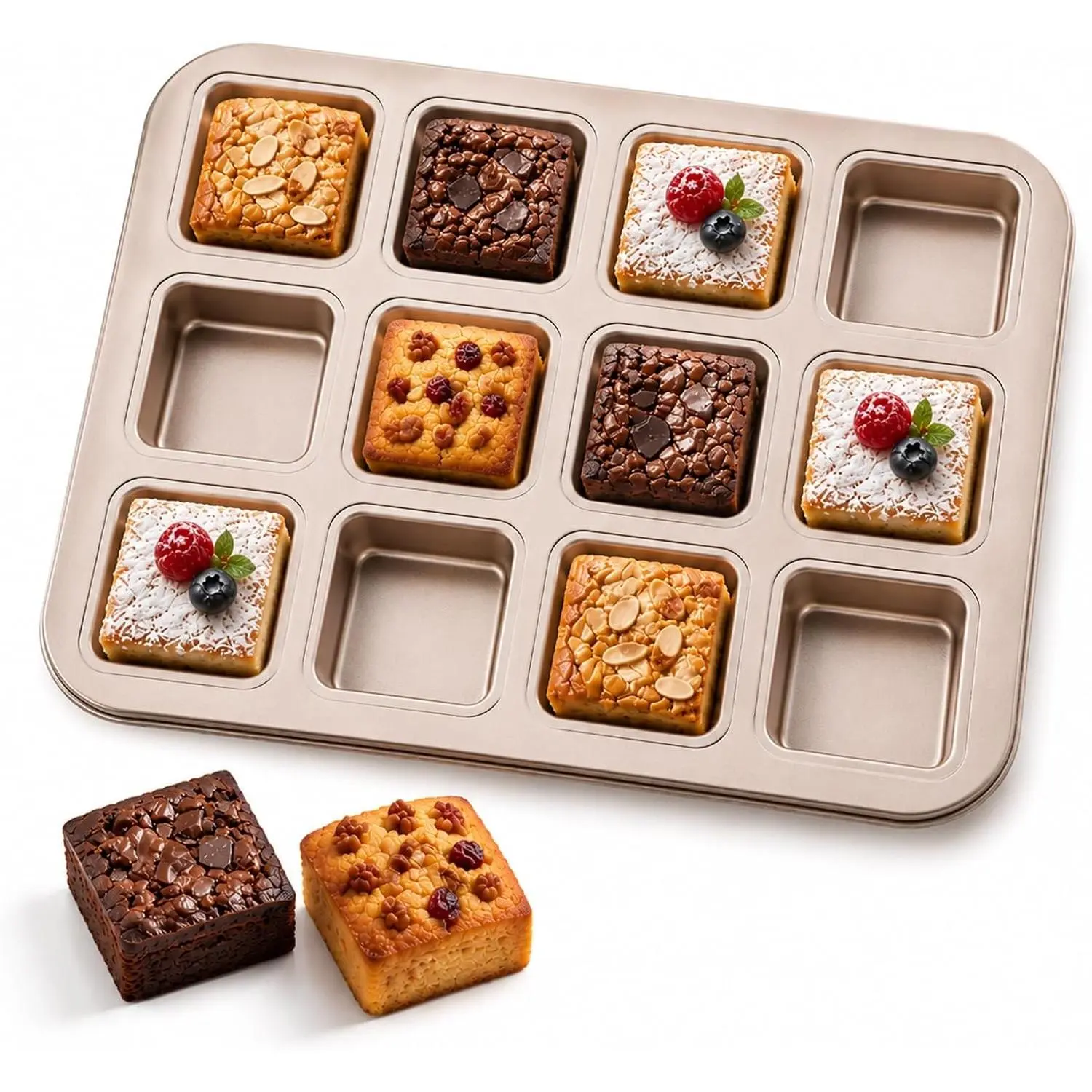 12-Cavity Nonstick Square Brownie Pan with Dividers, Carbon Steel Baking Pan for Individual Brownies, Cornbread, Mini Cakes & Square Bread, Gold
