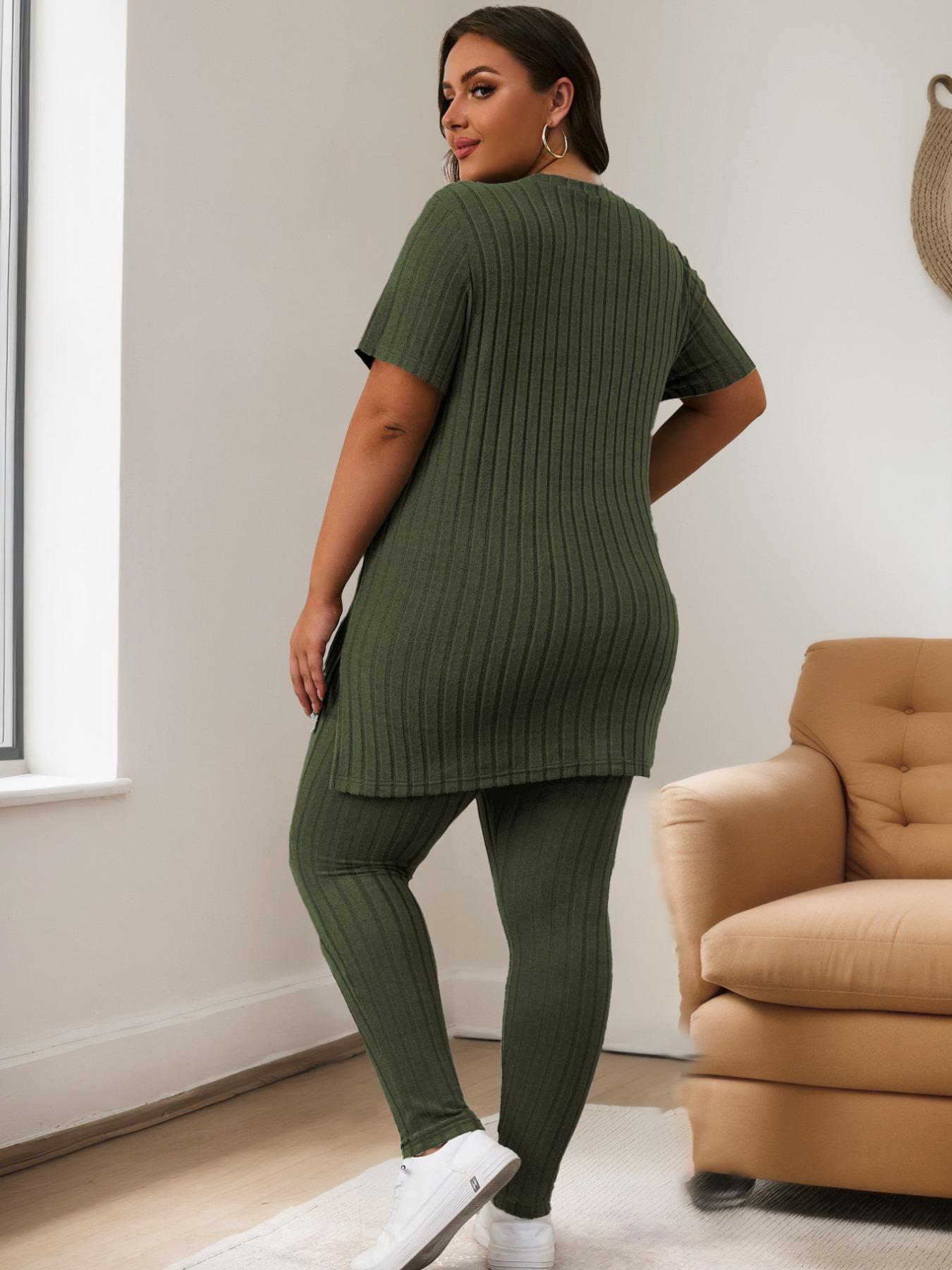 【Plus Size】 Solid Color Ribbed Tee & Elastic Waist Pants Set, Casual Fashion Cozy Two-piece Outfits for Daily Outdoor Wear, Women Clothing for Summer, Womenswear