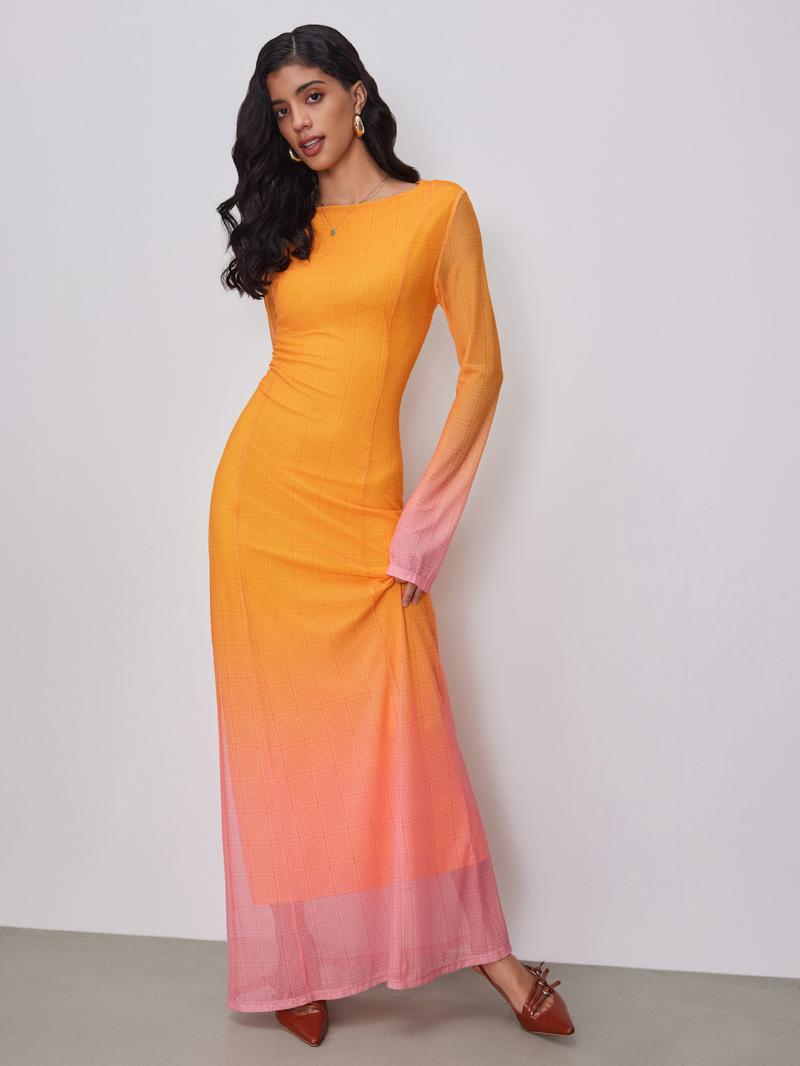 Cider [2 colors, size 0-10] Miami Sunset Vacation 【Ramadan Limited Edition】Mesh Round Neck Gradient Maxi Dress