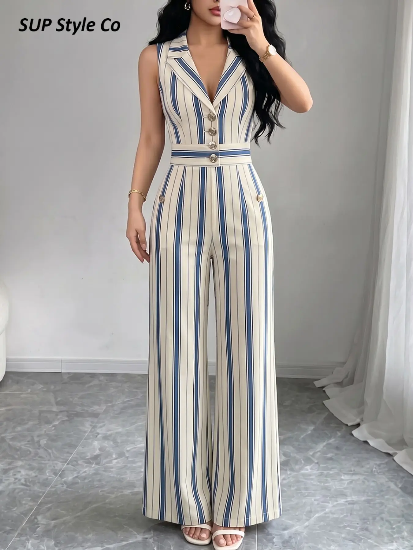 Women's Two-Piece Set, Matching Striped Sleeveless Blazer and Wide-Leg Pants, Vintage Preppy Elegant Office and Cocktail Wear, Casual for Daily Use