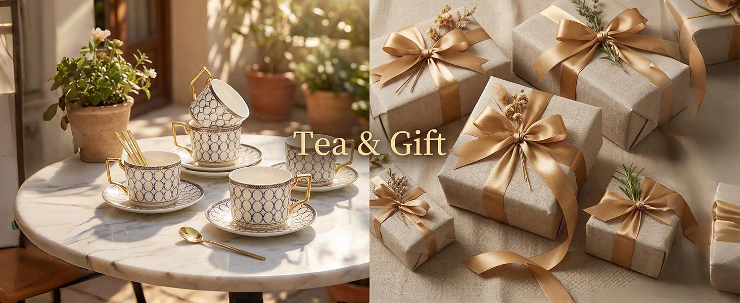 CwlwGO-European style cup and saucer set, 7 oz (about 198.4 grams) bone china exquisite glazed platinum tea cup and saucer (two sets), golden spoon, mug, cappuccino, latte, MOCHA, elegant female suit.