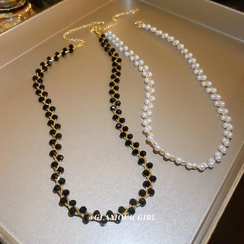 Hand Braided Black Crystal White Pearl Choker | Women’s Light Luxury Personalized Elegant Neck Jewelry | Everyday Style Collarbone Chain evry jewels day collar chainmail Necklace Rosary Bead