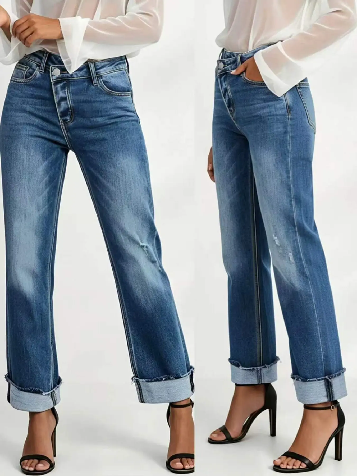 Women's Classic Medium Blue Washed Straight Leg Denim Jeans, Asymmetrical Waist, Folded Hem, Comfortable and Stylish Everyday Wear