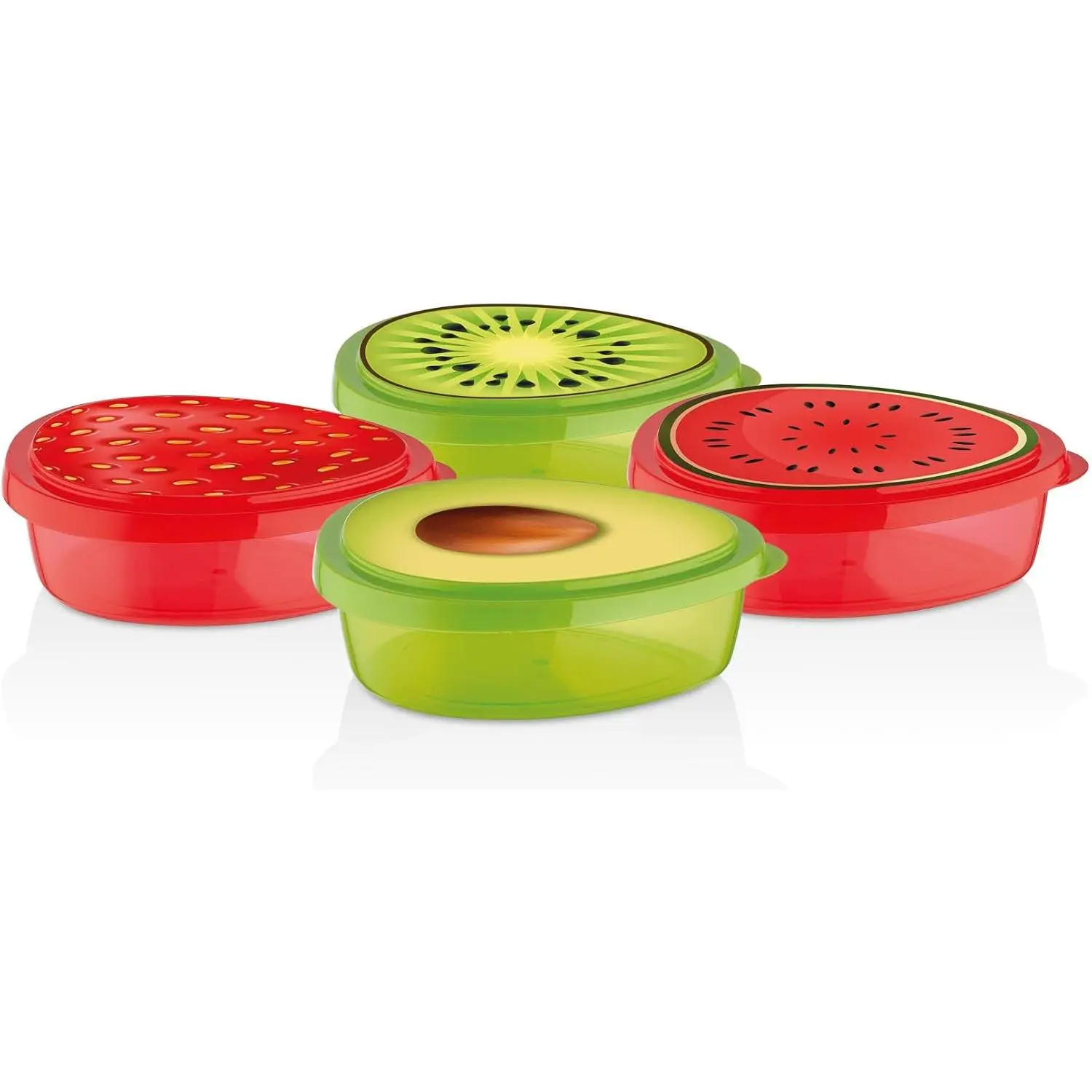 Fruit-Themed  Storage Containers, 4-  Plastic Set – Avocado, , Watermelon & Strawberry Designs – 800ml 27.04 oz Boxes for Snacks, Meal Prep, and Kitchen Organization