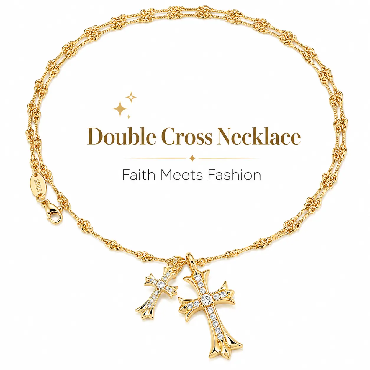 Gold Double Cross Necklace for Women, 18K Gold Plated CZ Cross Pendant Necklace, Vintage Y2K Jewelry, Adjustable Chain Gift