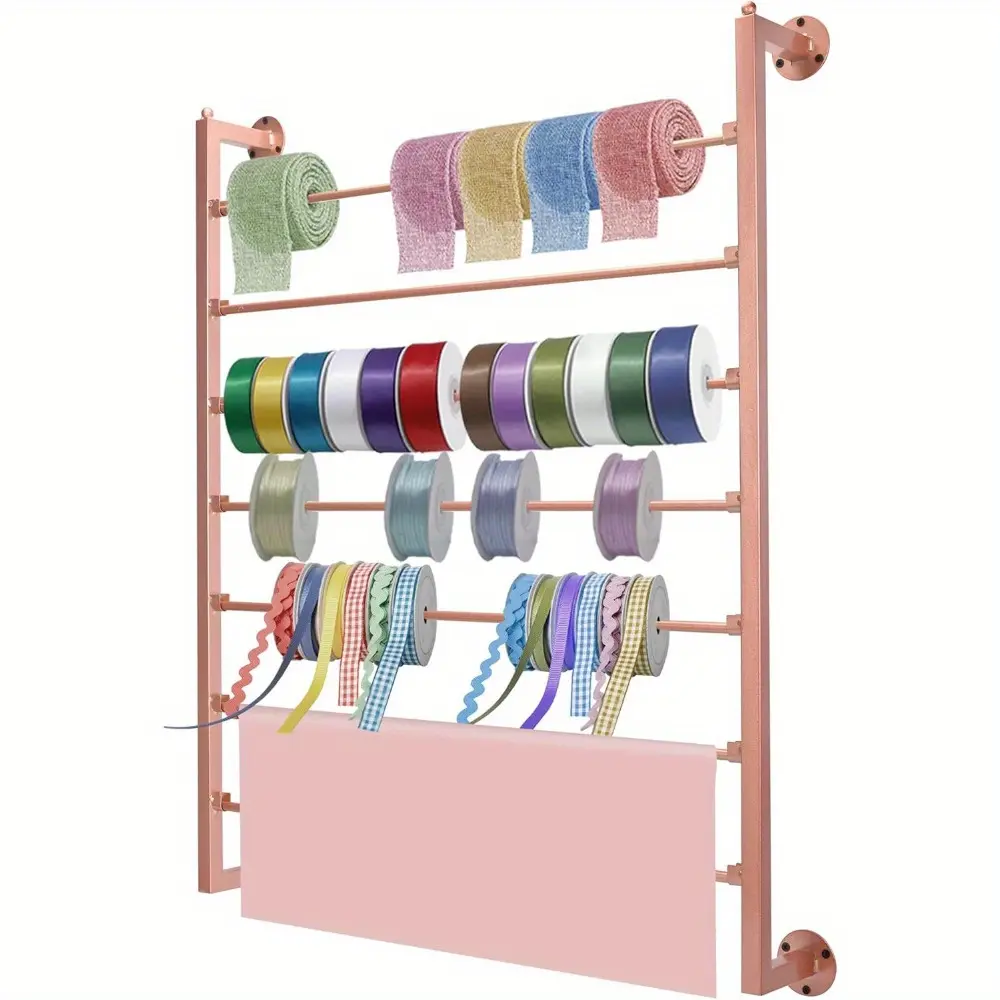 Ribbon Holder, Wall Mounted Ribbon Storage Organizer, 7-Layer Ribbon Organizer for Craft Room, Flower Store, Sewing Room, Gift Wrapping, Rose Golden