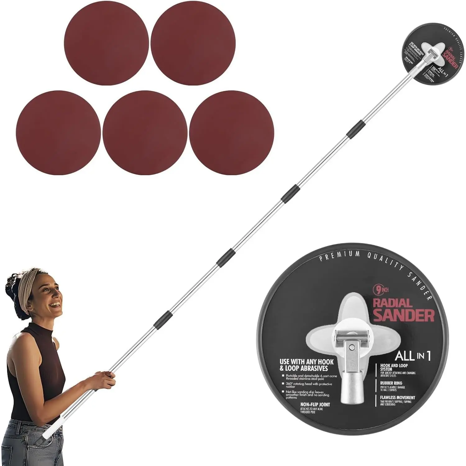 9-Inch Radial Wall and Ceiling Drywall Sanding Machine, 93-Inch Adjustable Rod, 360° Rotating Head for Surface Smoothing, Ideal for Paint Prep
