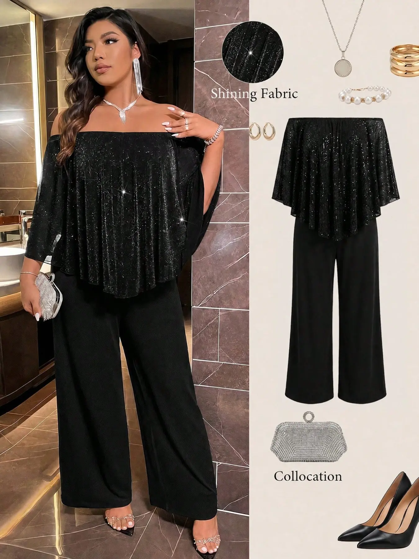 Women's Plus Size Glitter Knit Romper, One-Shoulder Ruffle Cape Layered Wide Leg One-Piece, Stylish and Comfortable Evening