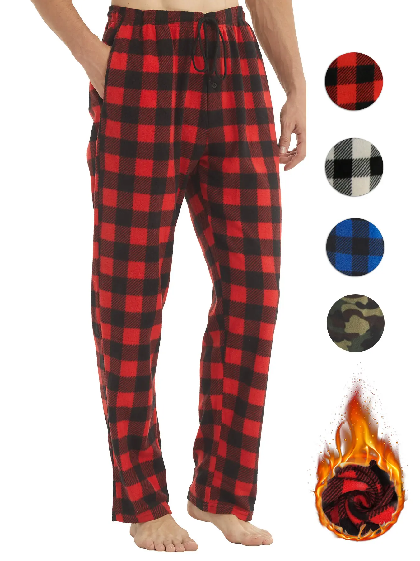 Men's Plaid Print Drawstring Waist Pajama Pants, Casual Soft Comfortable Polar Fleece Elastic Waist Loungewear Trousers for Fall & Winter, Warm Men's Bottoms for Daily Wear