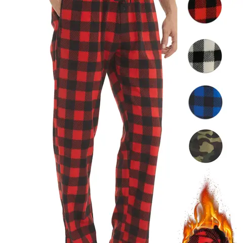 Men's Plaid Print Drawstring Waist Pajama Pants, Casual Soft Comfortable Polar Fleece Elastic Waist Loungewear Trousers for Fall & Winter, Warm Men's Bottoms for Daily Wear
