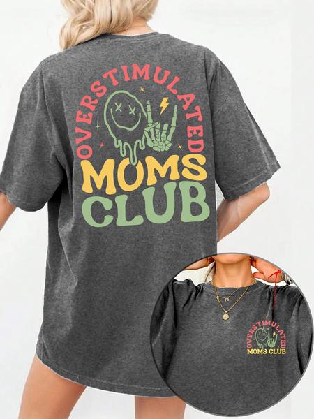 Women's Overstimulated Moms Club Round Neck Graphic Tee, Vintage Trendy Casual Short Sleeve T-shirt for Daily Wear, Ladies Summer Outfit, Top