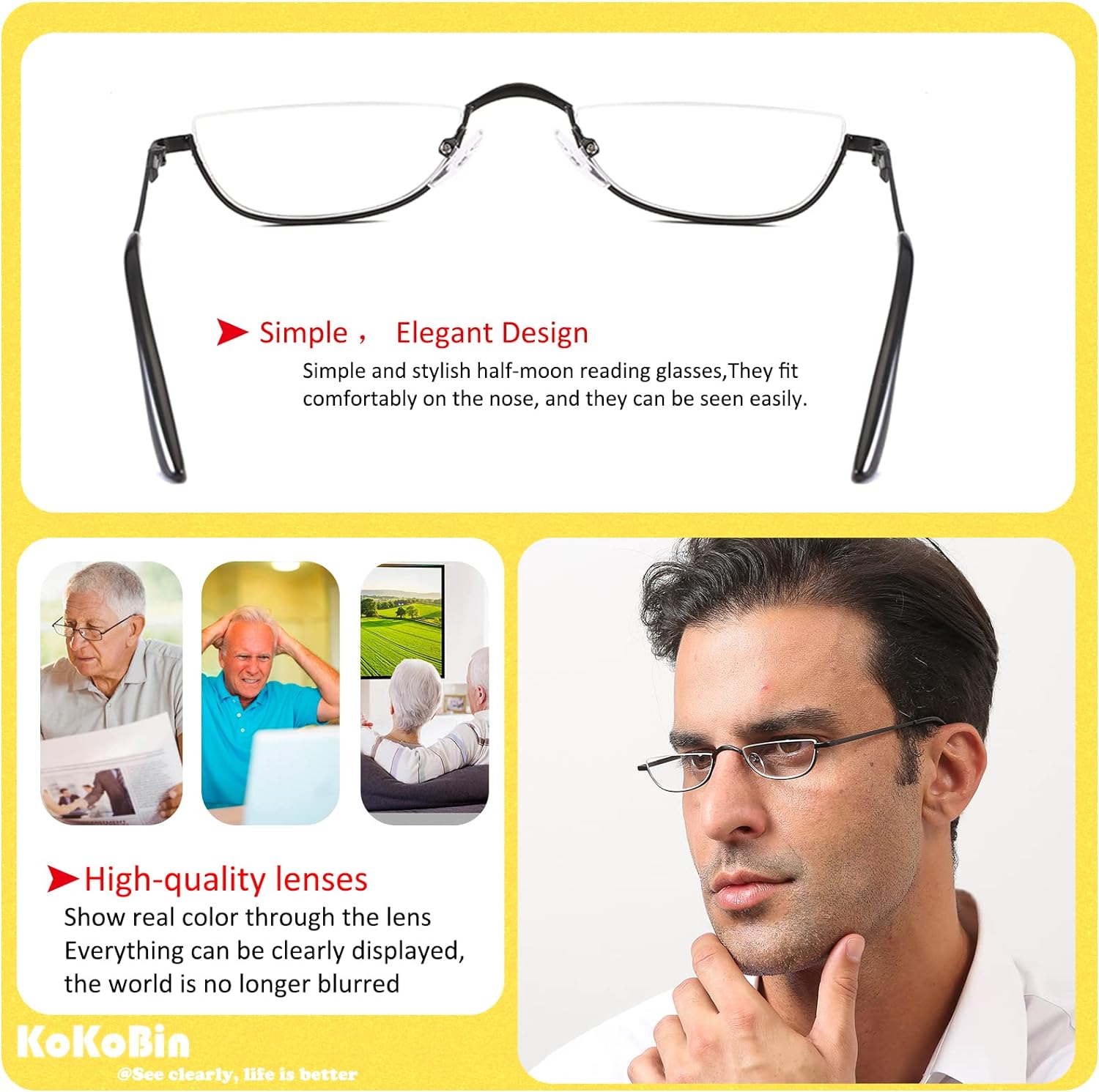 Half Reading Glasses - 2 Pairs Half Rim Metal Frame Glasses Spring Hinge Readers for Men and Women