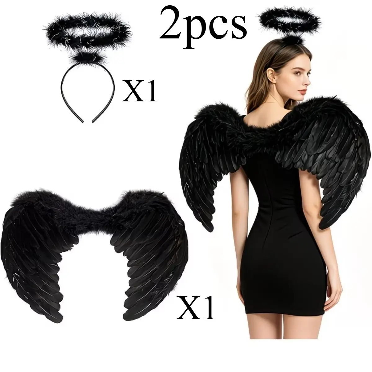 2-Piece Angel Wings and Halo Set, Artificial Feather Fallen Angel Costume, Gothic Feather Wings and Halo Headband, Halloween Cosplay, Party Props