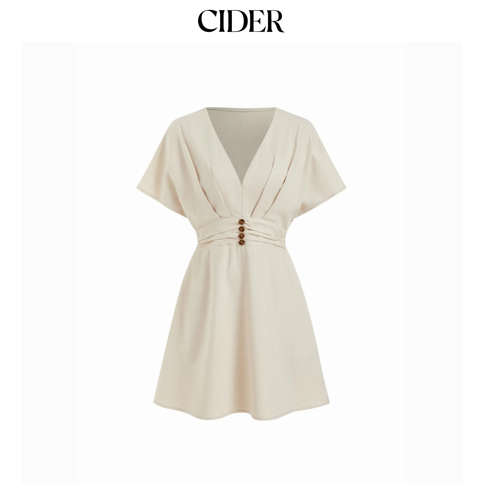 Cider Linen-blend V-neck Batwing Sleeve Ruched A-line Mini Dress SummerFinds