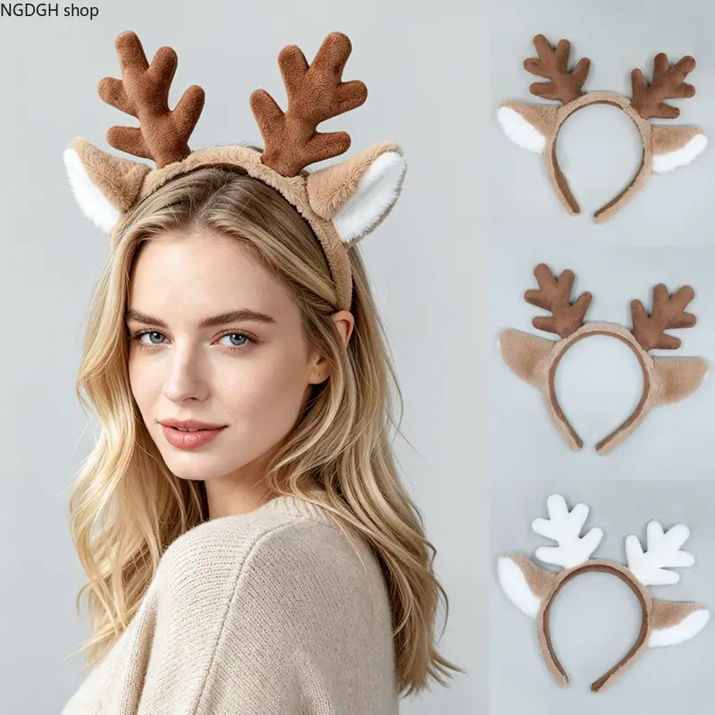 Christmas Plush Reindeer Antler Headband with White Fluffy Ears, Cute Party Costume Hair Hoop, Winter Holiday Accessory for Women, Festive Cosplay Headpiece, Perfect for New Year, Santa Parties & Adult Photo Props.