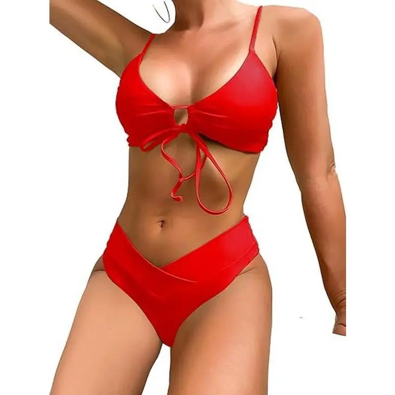 Women's Sexy V Cut Bikini Set, 2 Piece String High Cut Swimsuit with Cheeky Bottoms and Lace Up Detail for Beach Wear, Bikini Beach Wear, Women's Fashion