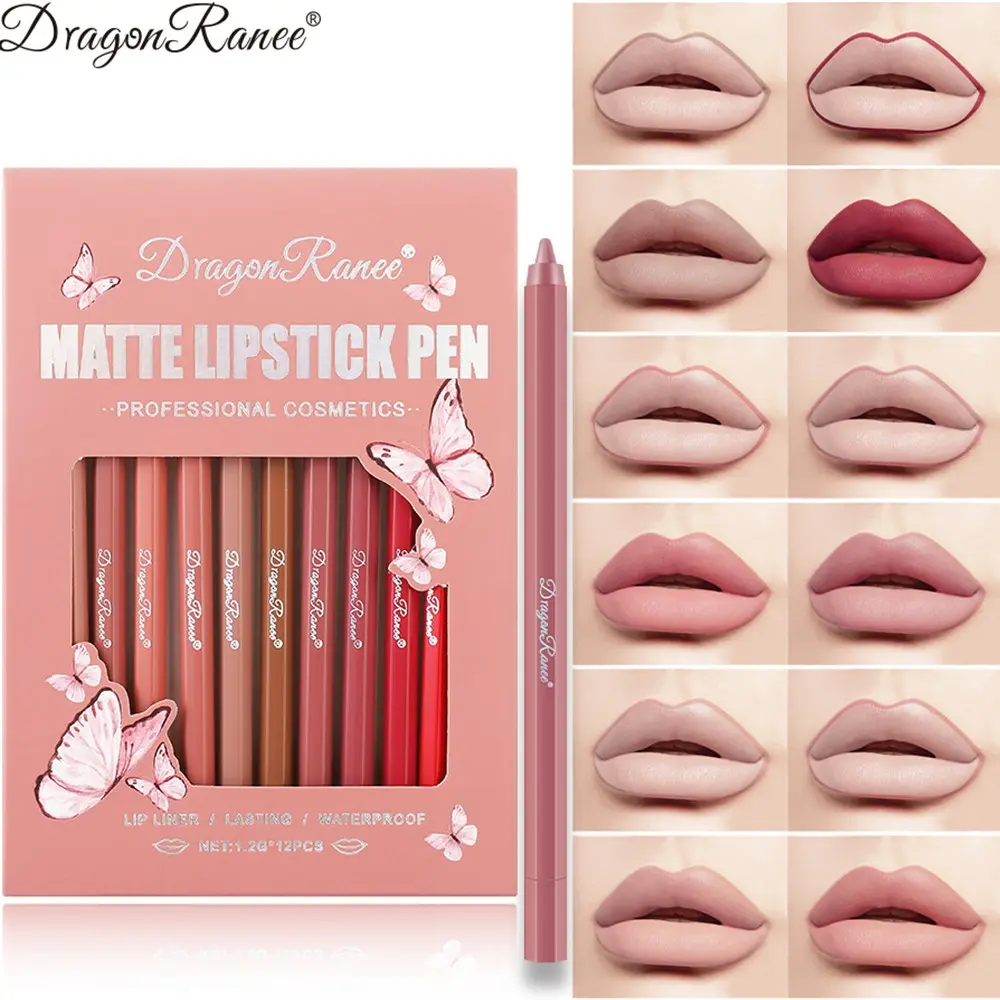 Dragon Ranee 12-Color Matte Lipstick Pen, Lip Liner, Dual-Use Smooth Long-Lasting Nude, Persistent Lip Makeup, Elegant Design