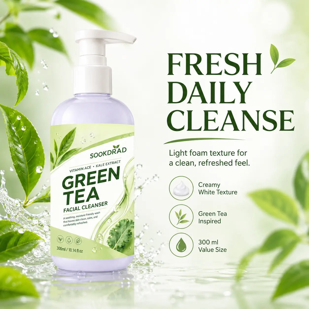 Green Tea Facial Cleanser, Vitamin ACE, Kale Extract, soothing, moisture-friendly, clean skin, calm skin, comfortably refreshed, facial, 10.14 fl oz, 300ml
