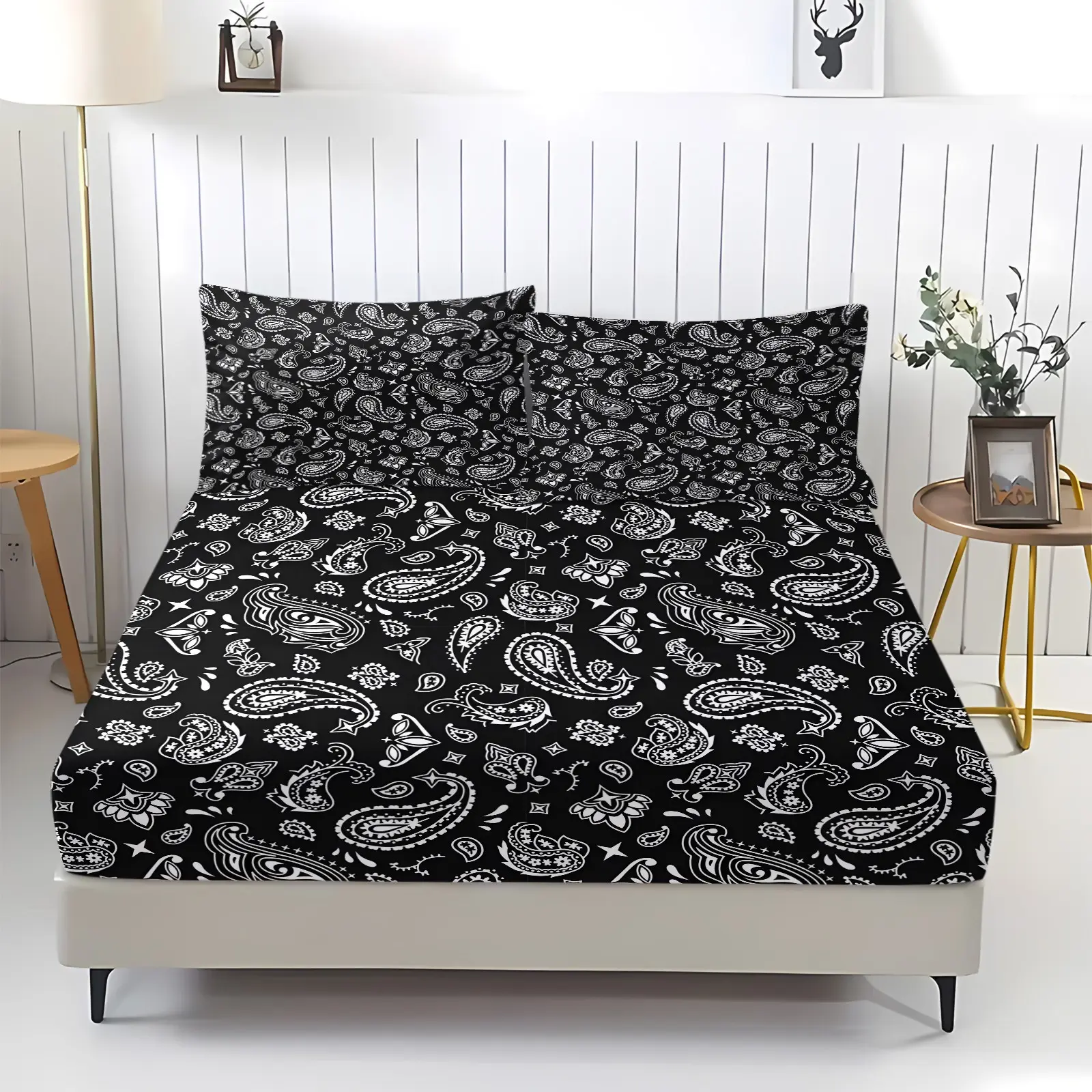 3-Piece Classic Vintage Paisley Fitted Sheet Set (Includes 1 Fitted Sheet + 2 Pillowcases), Black and White Minimalist Decorative Bedding Set, Soft and Comfortable, Unisex Bedroom Decor, Suitable for Apartment and Dormitory Furnishings.