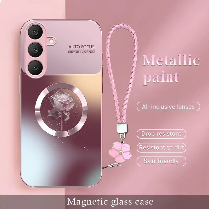 Trendy Aesthetic Magnetic Rose Glass Case Compatible With【Galaxy S25 Fe】Gradient Color Shockproof Phone Cover with Flower Hand Strap, Stylish Protective Case----9435