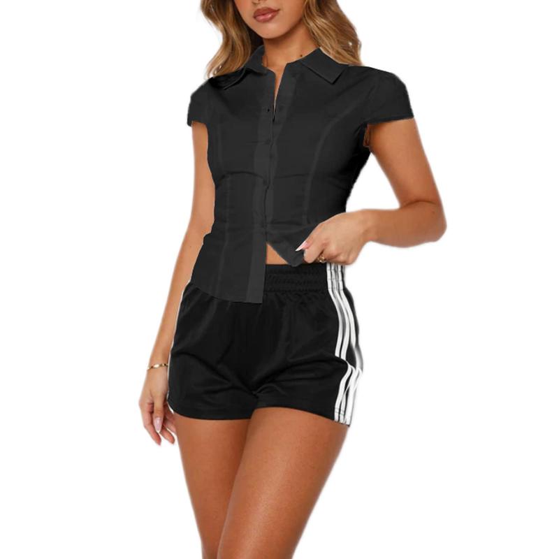 Women's Button Down Shirts Cap Sleeve Turn Down Collar Blouses Short Sleeve V Neck Collared Cropped TopsFit Coquette Going Out Tops Y2k Streetwear Party Clubwear