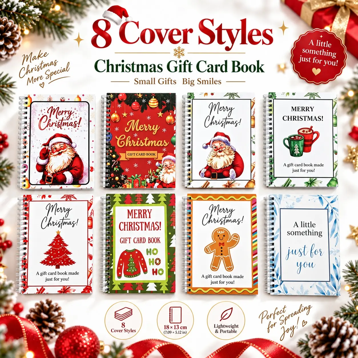 Christmas Gift Card Organizer Notebook, Choose Single Cover or 8-Piece Set, Portable Coil Binding Notebook, 18x13cm, Lightweight Holiday Gift