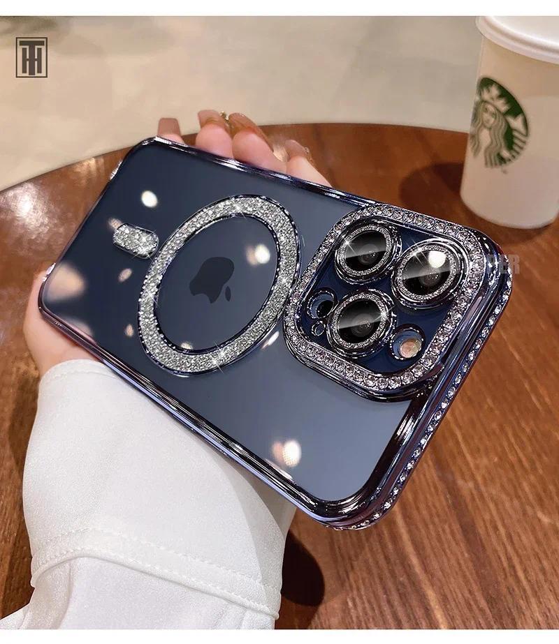 Luxury Bling Crystal Lens Film Phone Case For iPhone 15 11 12 13 14 Pro Max Plus Magsafe Magnetic Wireless Charging Clear Cover