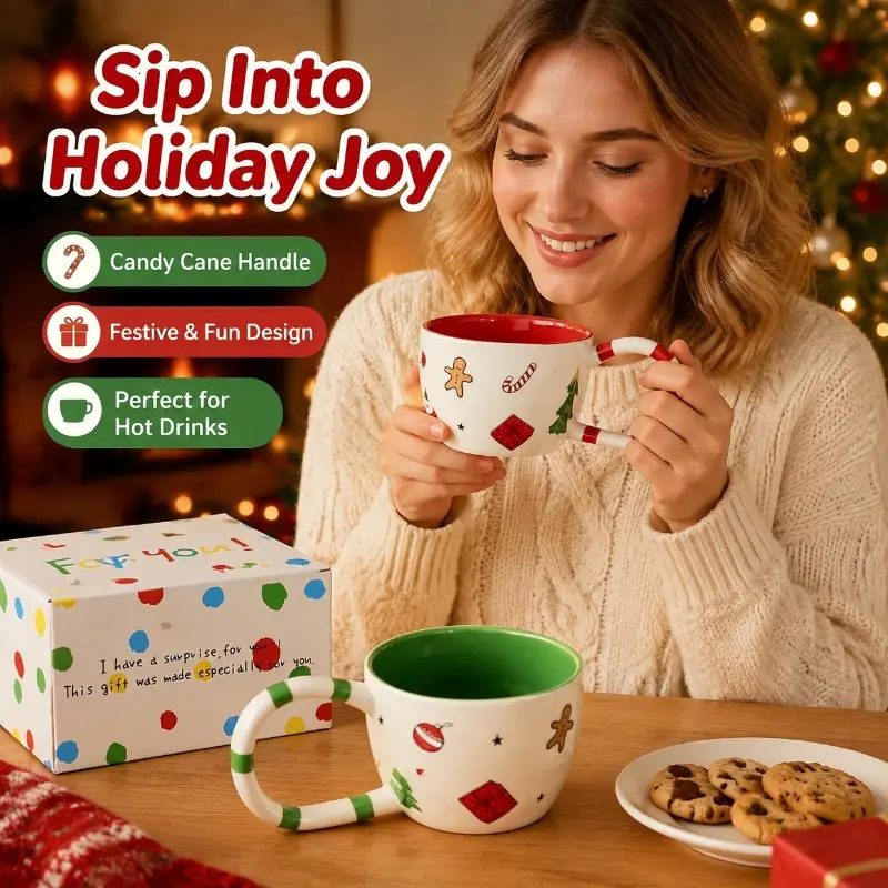 Red Green Christmas Ceramic Mug – Gingerbread Tree Print Coffee Cup with Gift Box