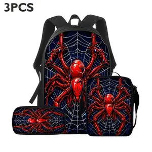 Red Spiderweb Print Backpack 3pcs Set, Including a Backpack, Crossbody Bag, and Pencil Case.Features 2D Flat-printed Patterns, Dark-themed Trendy Style, and a Spacious, Practical Combination, Suitable for Daily Commutes or Travel