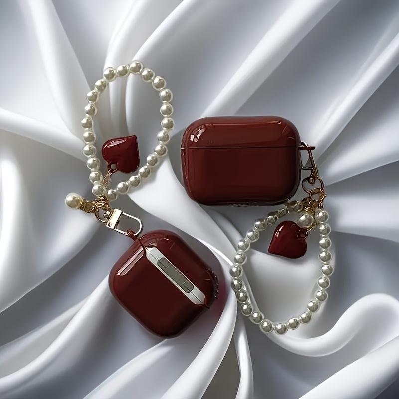 Wine Red Pearl Heart Pendant Case for AirPods Wireless Earbuds - Scratch-Resistant and Shockproof Protective Cover