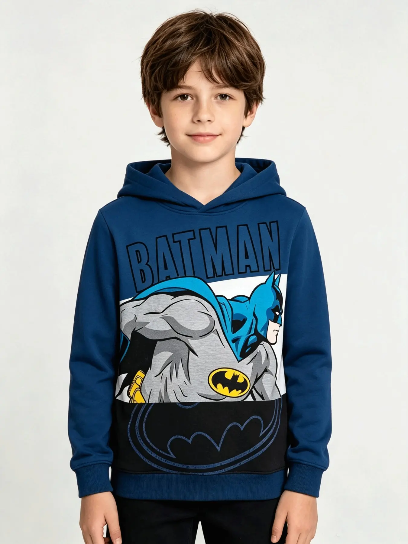 Boy's Batman Hoodie, Front Large Pattern Letter Print, Casual Loose-Fit Sweatshirt, Fall & Winter, Perfect Gift for Back-To-School