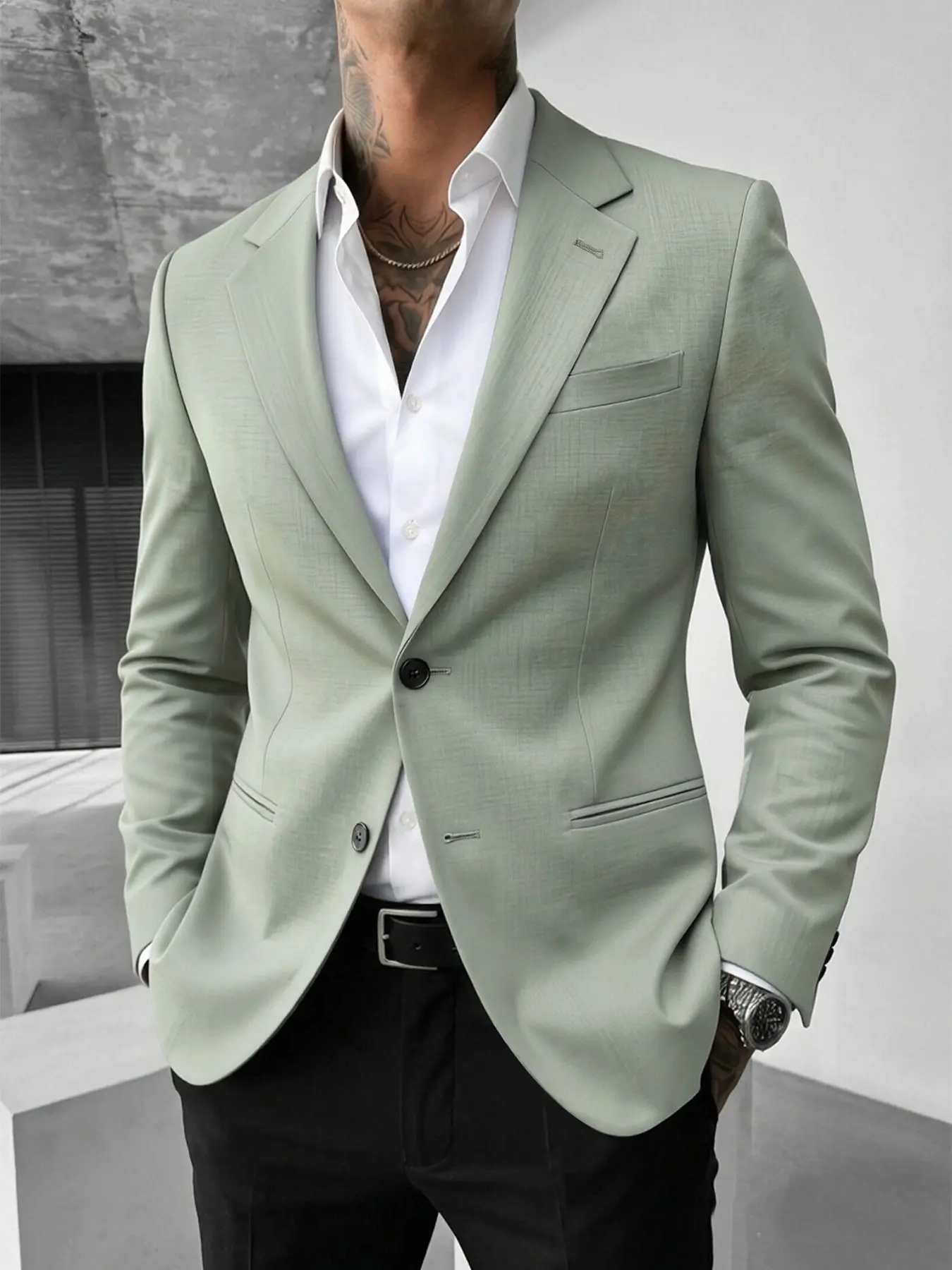 Men's Italian Style Casual Blazer, Menswear Stylish Long Sleeve, Mint Solid Color, Flat Lapel Two Button, Chest Fake Pocket, Three Button Sleeve, Anti-Wrinkle Fabric, Business Casual Blazer, Suit Jacket