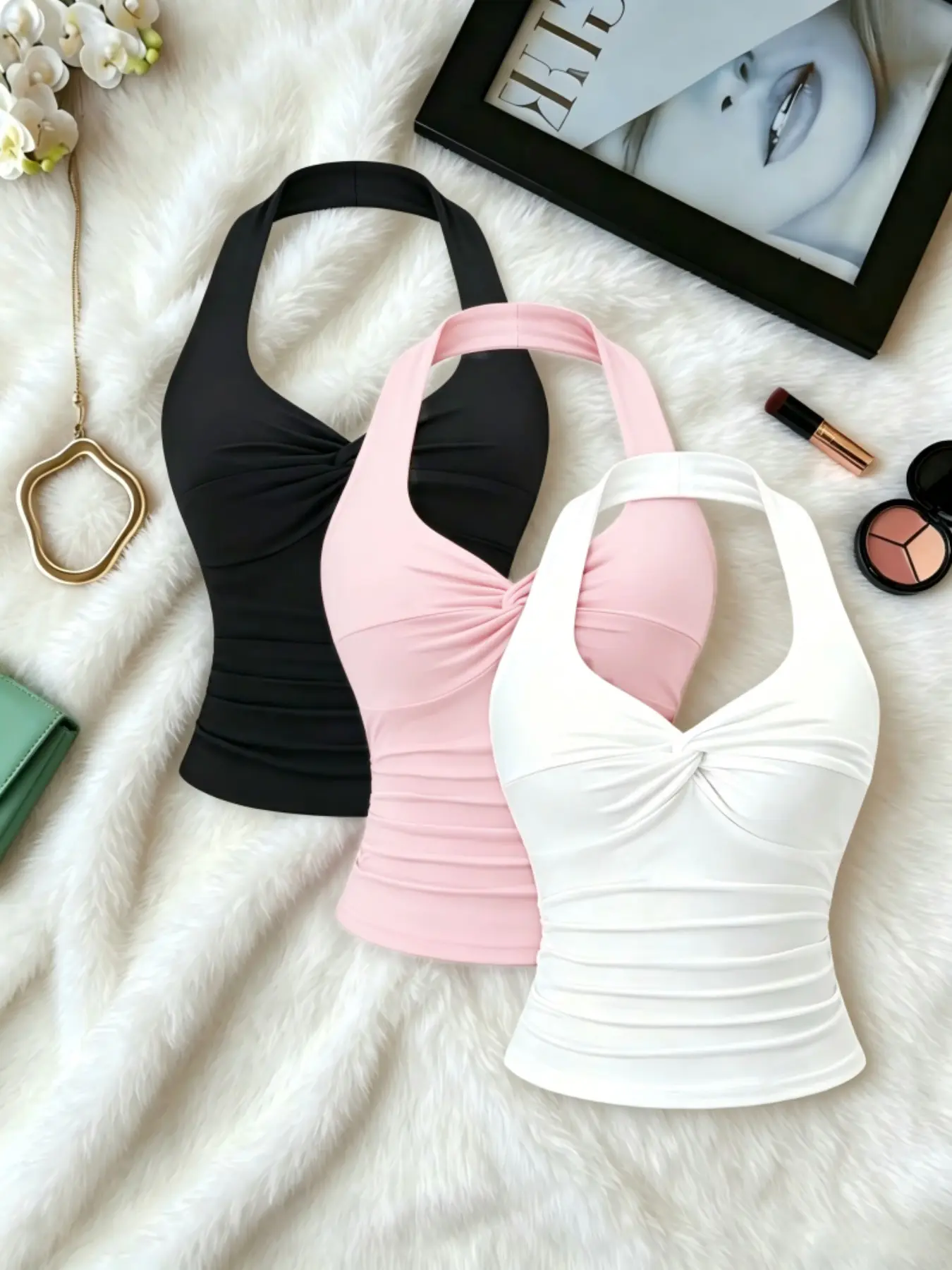 Summer Halter Neck Sleeveless Plain Color Chic Elegant Fashion Chest Knot Dual Waist Side Pleat Design Slimming Women's Three-Piece Set Outfit Clothes