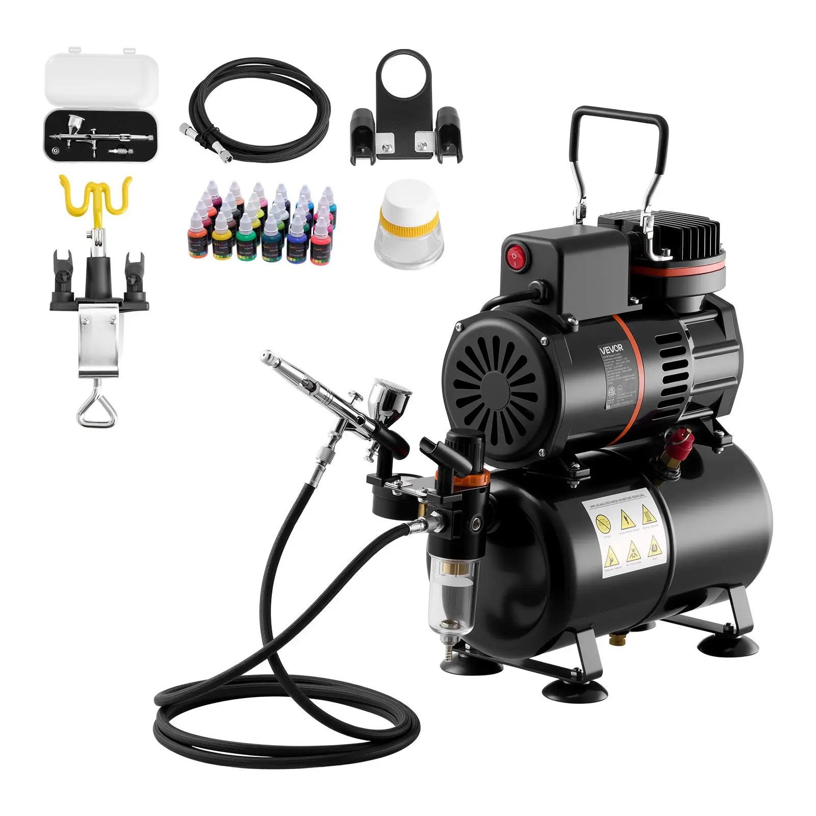 VEVOR Dual-Action Airbrush Full Tool Kit with 1/6 HP Air Compressor, Tank, 0.3 mm Spray Gun (1), Hose, Acrylic Paint, 2 Cooling Fans, 120V 60 Hz, Cleaning Kit, Adjustable Flow Control, Easy-to-Clean Design for Art, Cake Decorating