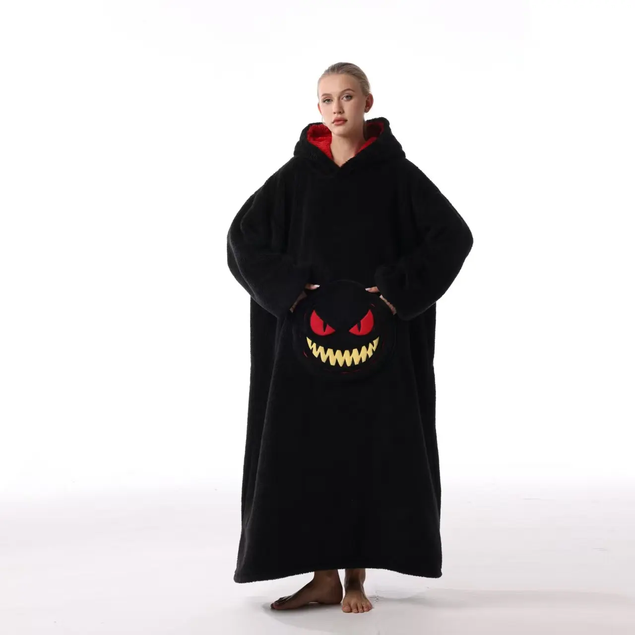 Halloween Devil Print Wearable Blanket, Plus Size Thick Hooded Loungewear, Unisex, Free Satan Mask Included