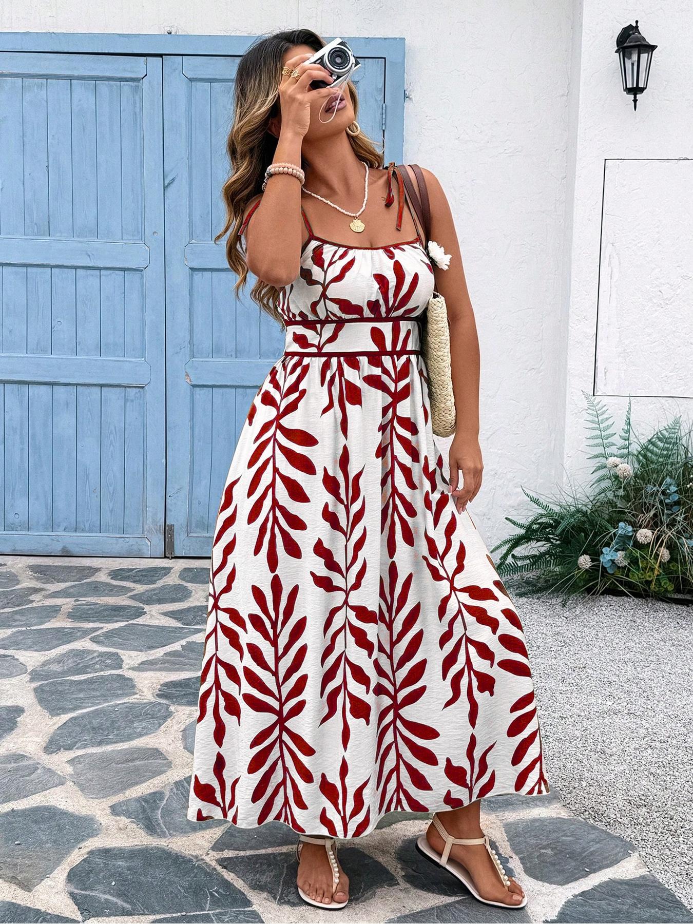 【Plus Size】 Leaf Print Cami Dress, Casual Sleeveless Spaghetti Strap Maxi Dress for Beach Holiday Vacation, Women's Plus Clothing for Summer