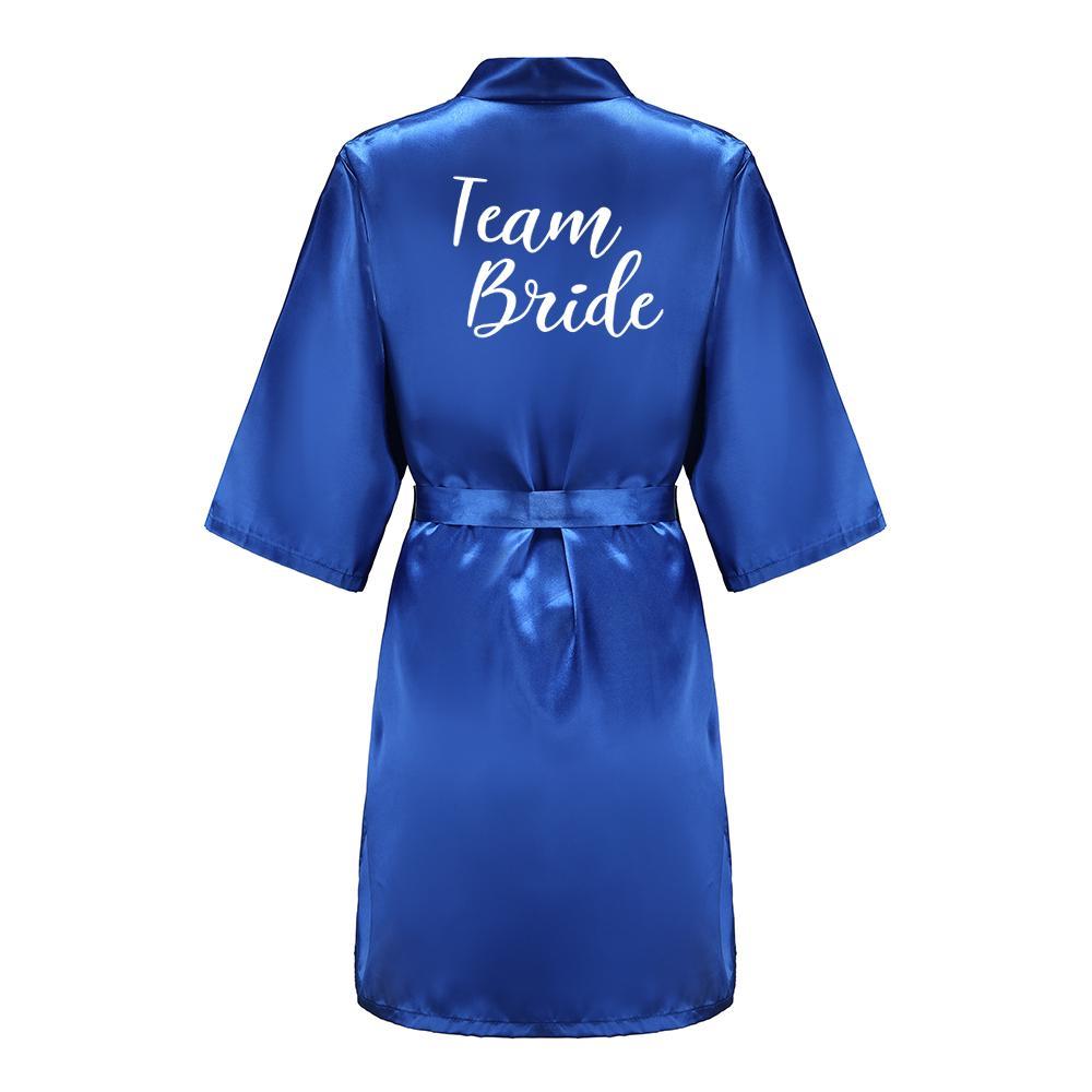 Wedding Party Team Bride Robe With White Letters Kimono Satin Pajamas Bridesmaid Royal Blue Bathrobe
